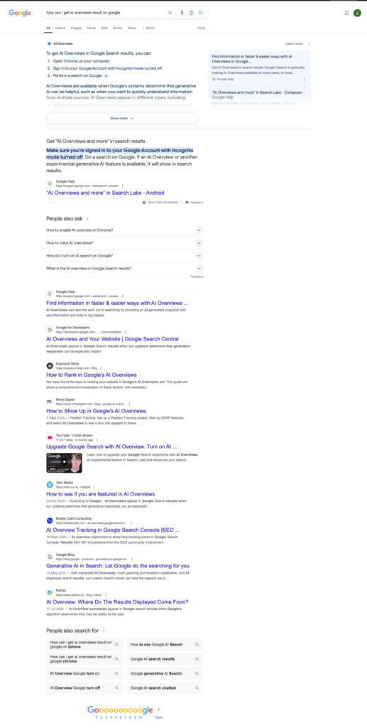 Google ai overviews page